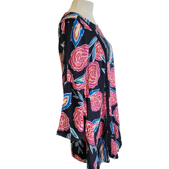 Roxy Bell Sleeve Floral Print Shift Dress-M Boho Sheer Net Lace Inset - Picture 4 of 12